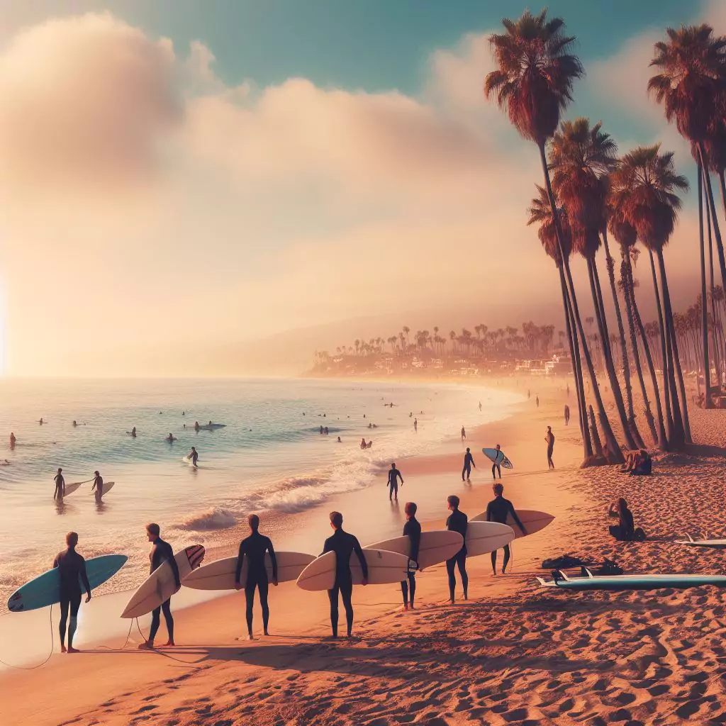 view of surfers with surfboards standing on the sand in front of the ocean at doheny state beach