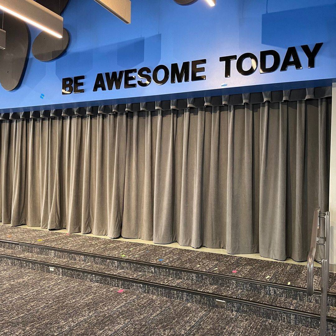 Sign above Theater Curtain that reads &ldquo;Be Awesome Today&rdquo; at Foothill Ranch Elementary School